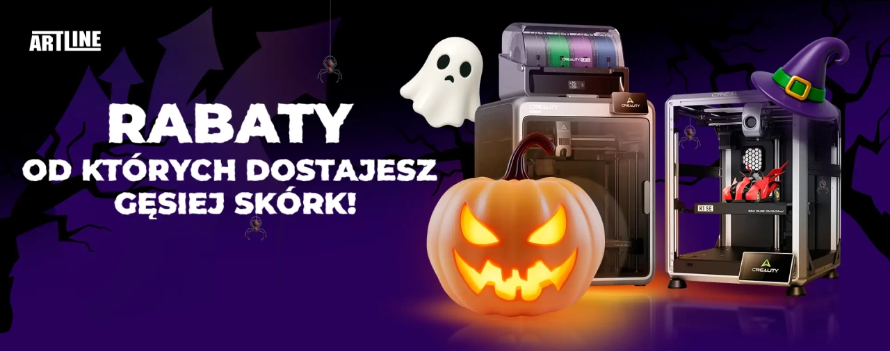 Halloweenowa promocja CREALITY – drukarki 3D K1, K2, Hi Combo w mrocznym klimacie, z pomarańczowym światłem i duchem technologii