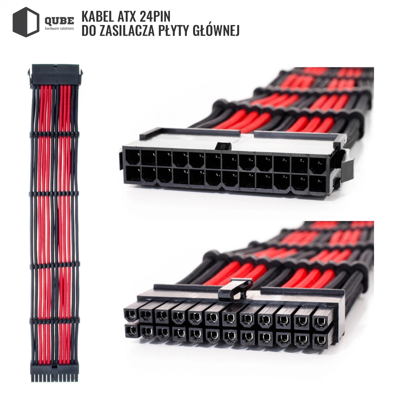 Zestaw kabli do zasilacza QUBE 1*24P MB, 2*4+4P CPU, 2*6+2P VGA Czarno-czerwony cena - zdjęcie 3