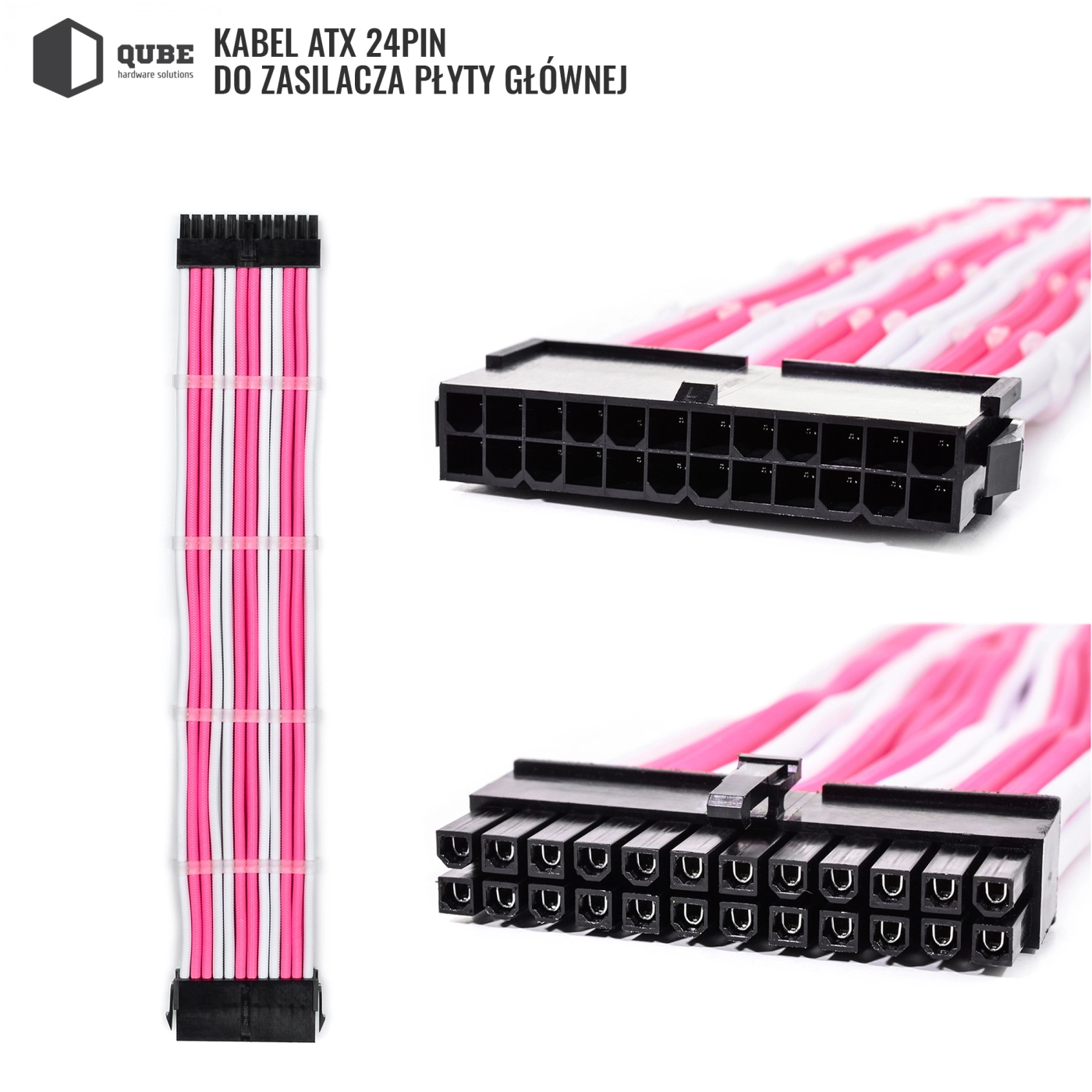 Zestaw kabli do zasilacza QUBE 1*24P MB, 2*4+4P CPU, 2*6+2P VGA Biało-różowy cena - zdjęcie 0