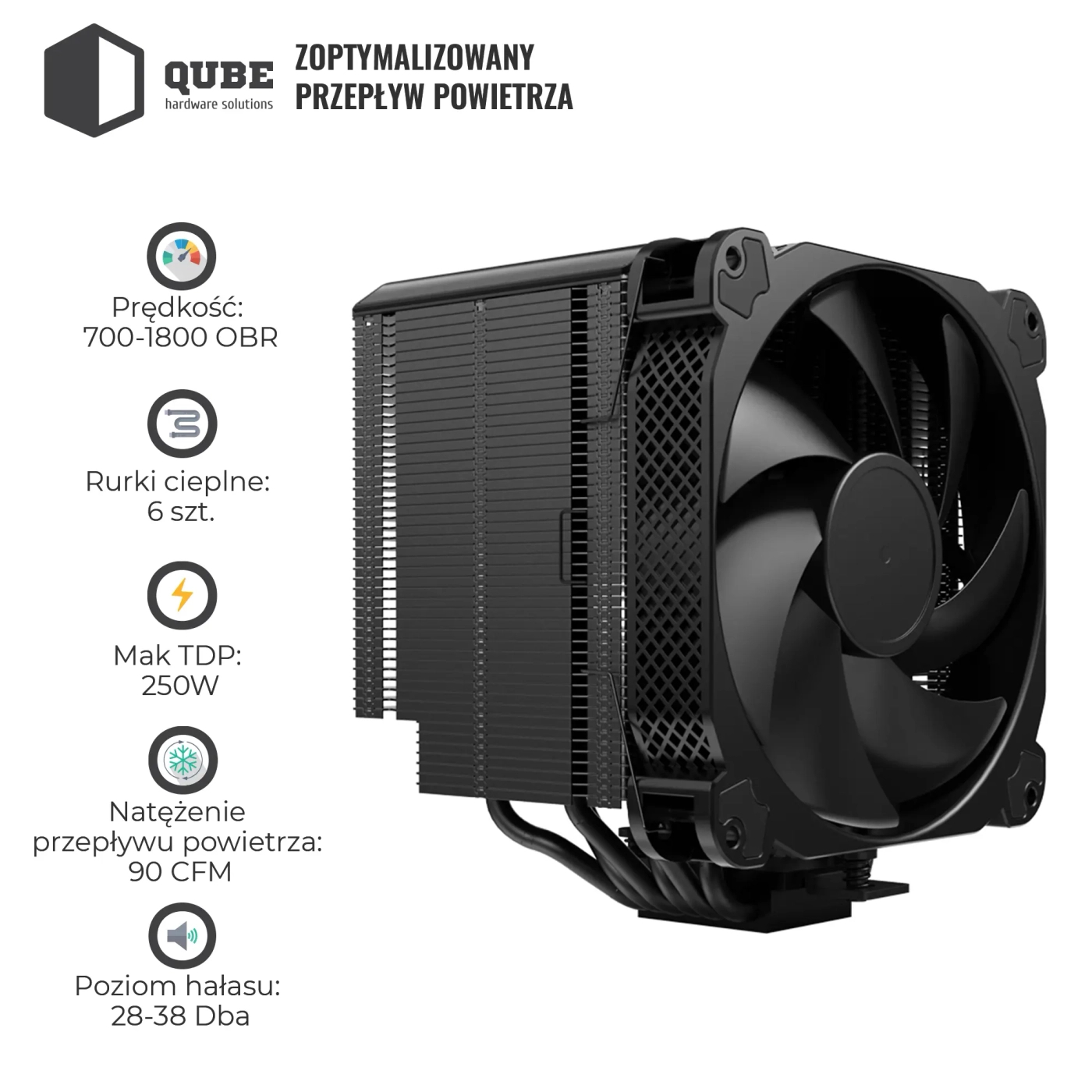 Chłodzenie CPUQube QB-OL6250 (140mm/4pin/700-1800RPM/38Dba/6 rurek termicznych/4PIN PWM) cena - zdjęcie 2