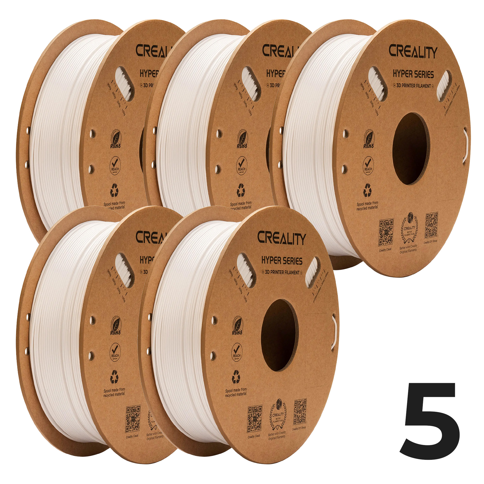 Zestaw Filament Creality Hyper PETG, 5x1kg, 1.75mm, Biały (3301030040x5) - 1