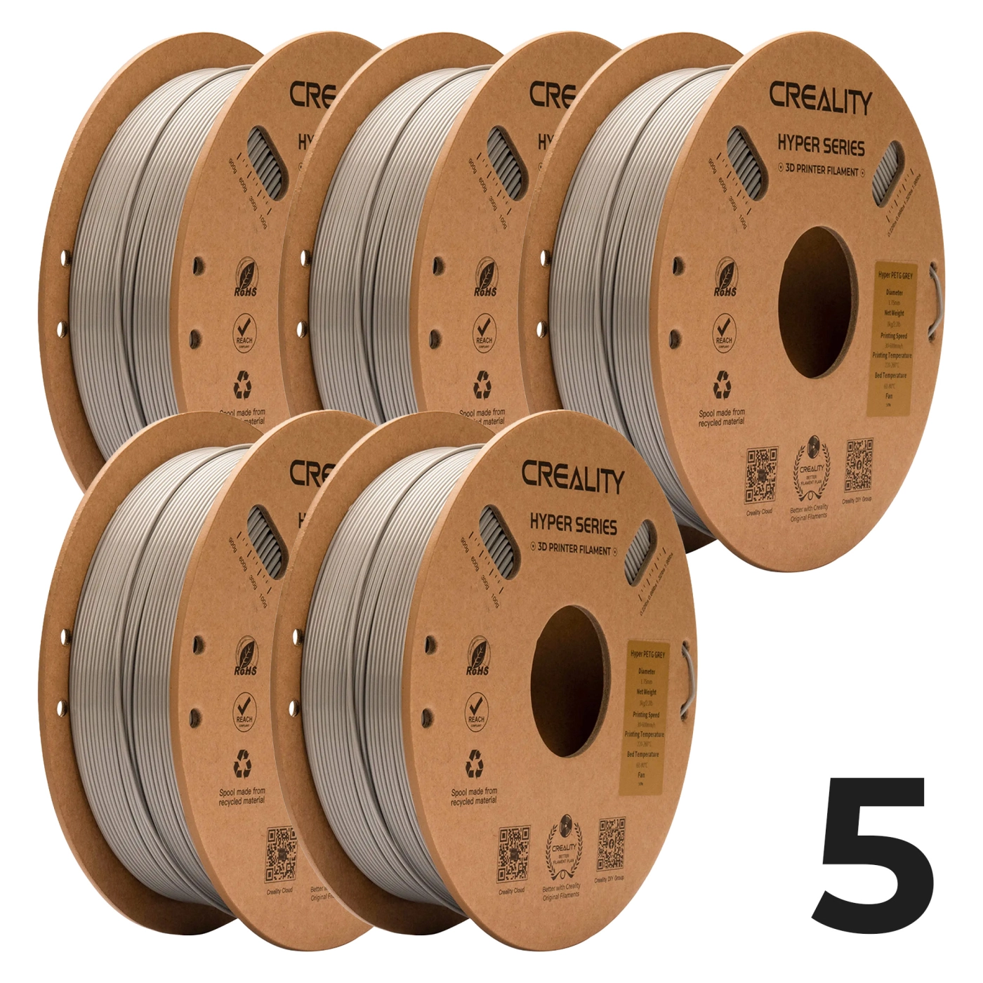 Zestaw Filament Creality Hyper PETG, 5x1kg, 1.75mm, Szary (3301030068x5) - 1