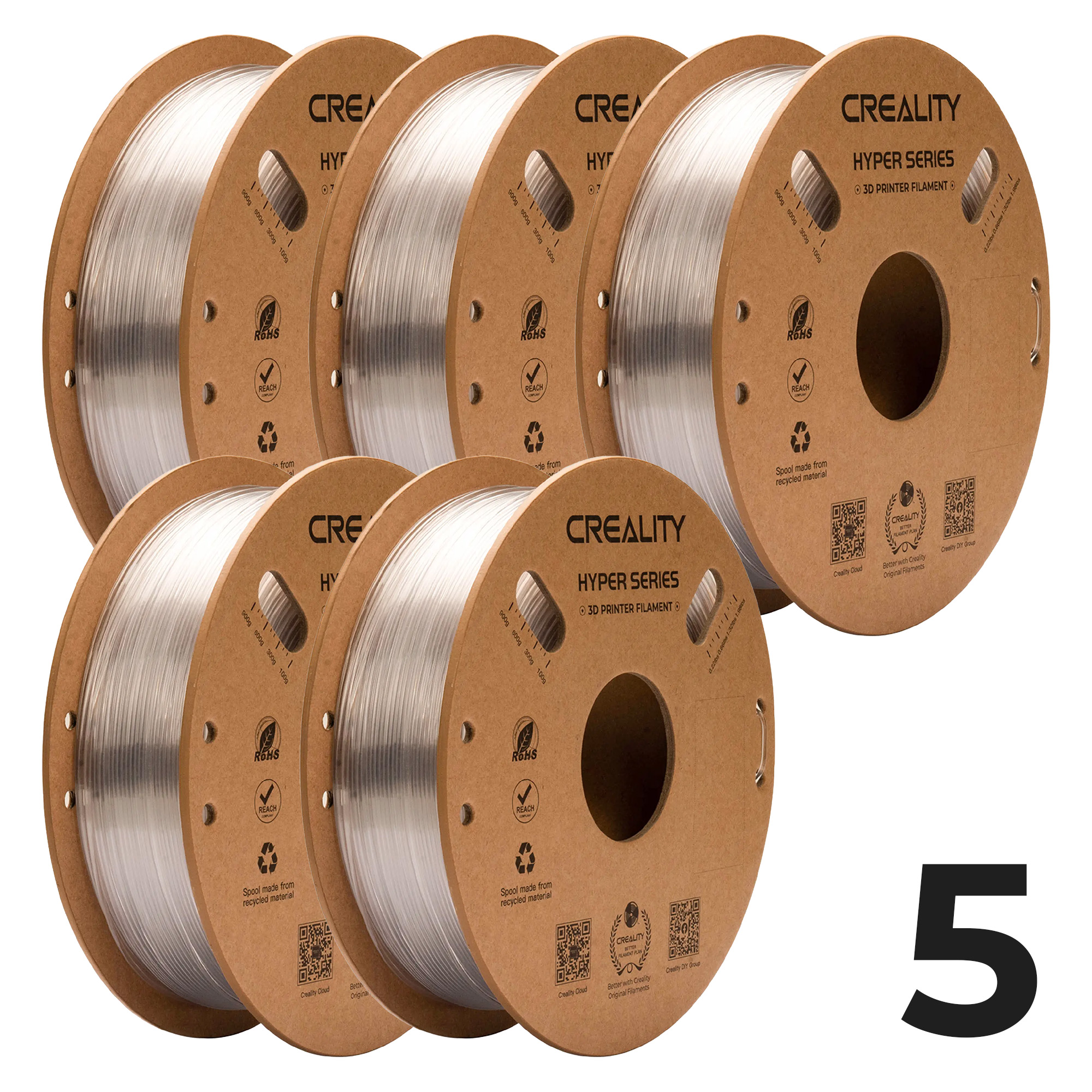 Zestaw Filament Creality Hyper PETG, 5x1kg, 1.75mm, Przezroczysty (3301030042x5) - 1