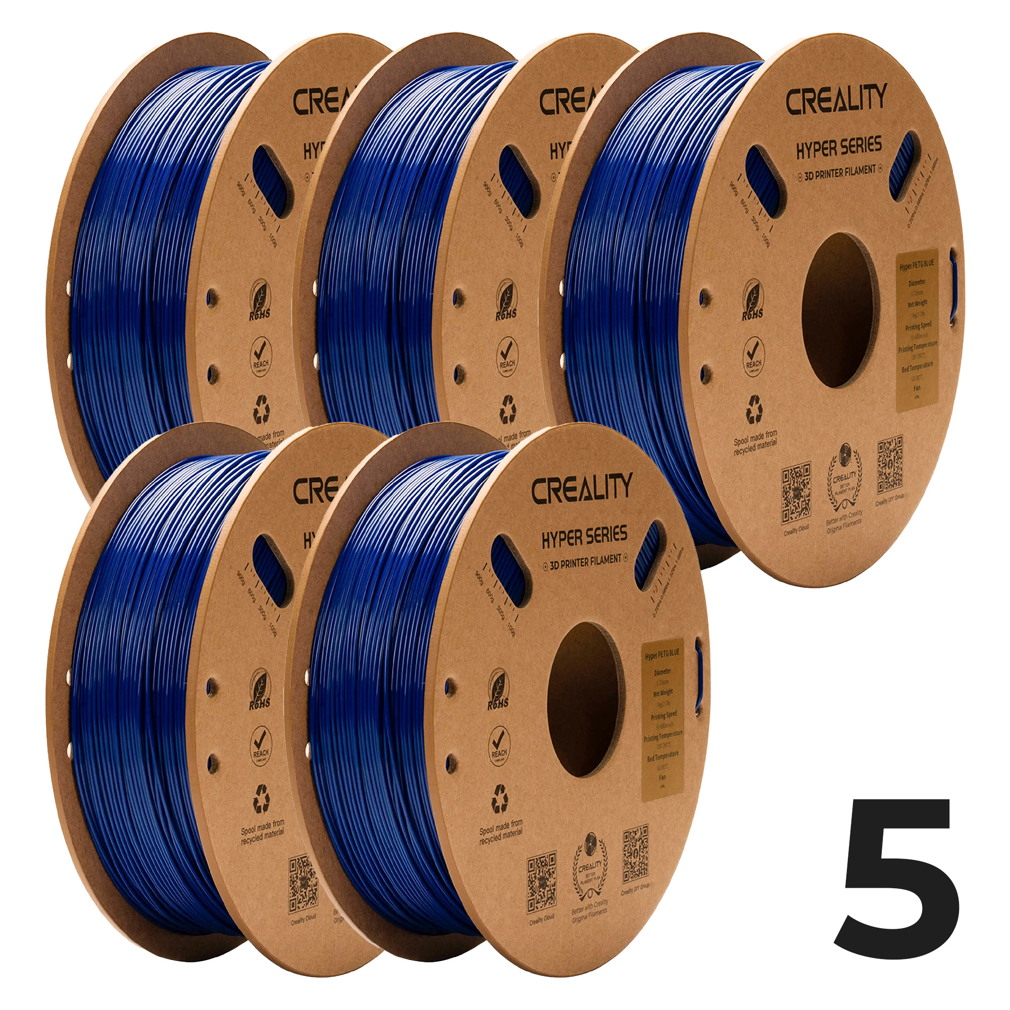 Zestaw Filament Creality Hyper PETG, 5x1kg, 1.75mm, Niebieski (3301030070x5) - 1