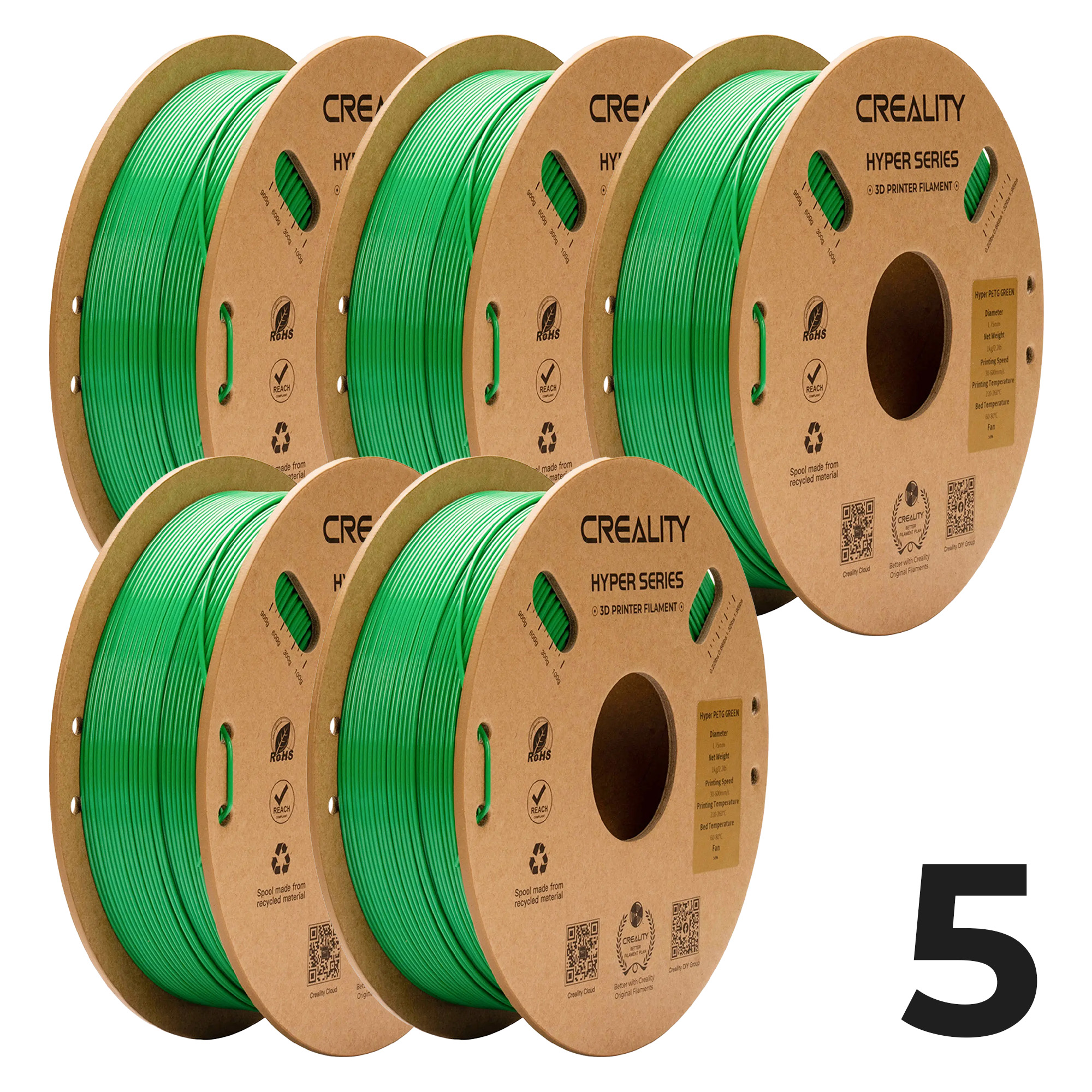 Zestaw Filament Creality Hyper PETG, 5x1kg, 1.75mm, Zielony (3301030069x5) - 1